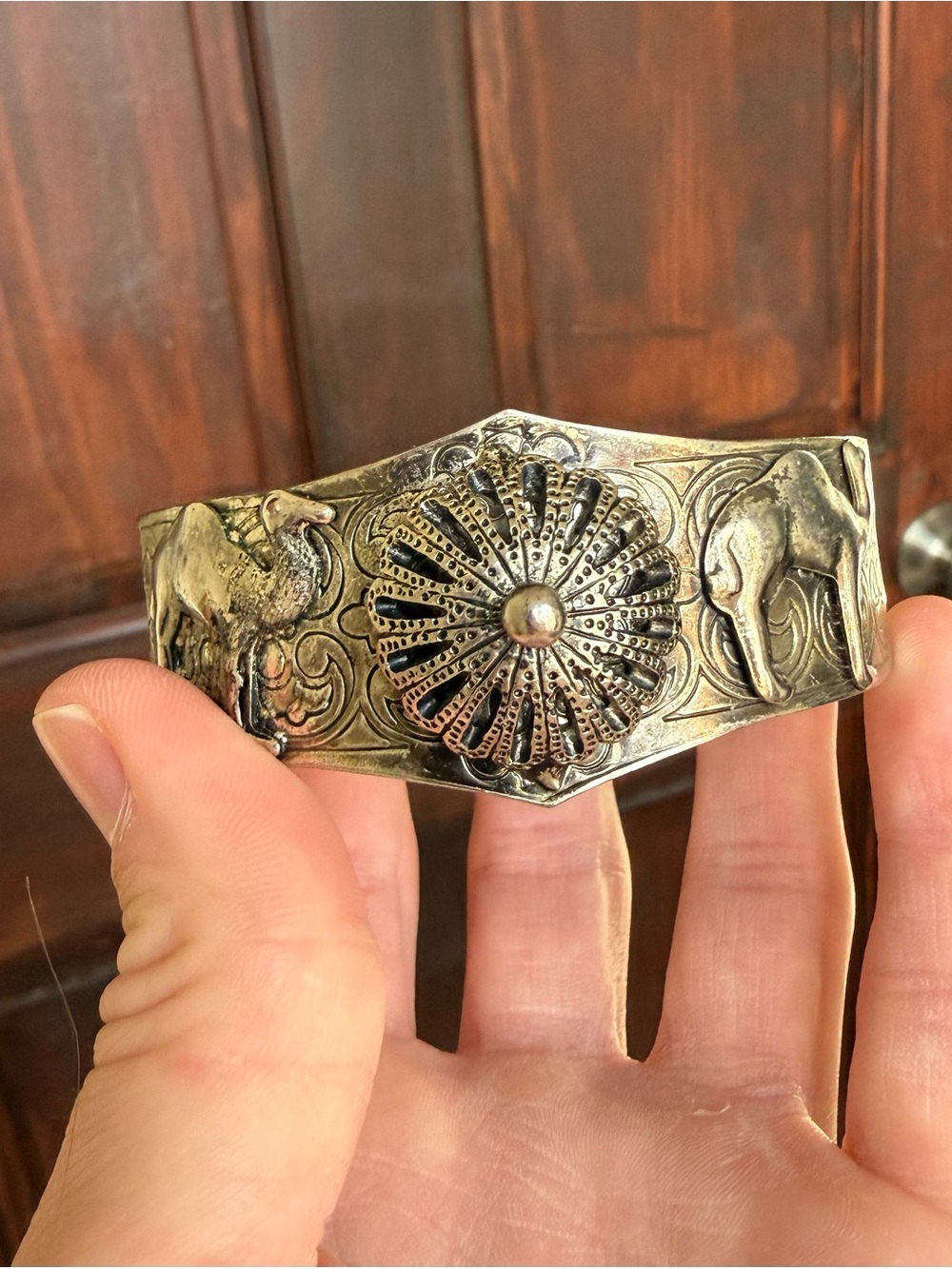 Moroccan Style Elephant Hamsa Ornate Hinged Cuff Bracelet